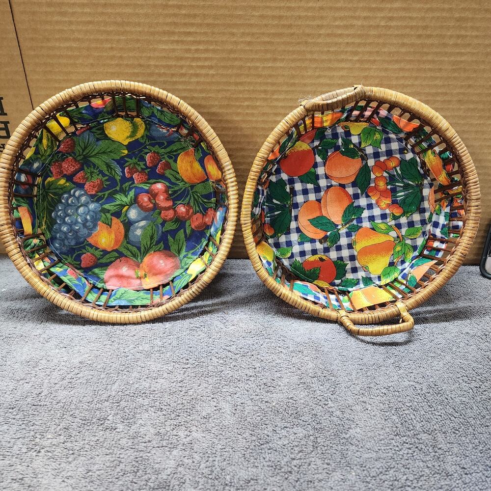 Set of 2 vintage wooden round fabric lined baskets b48